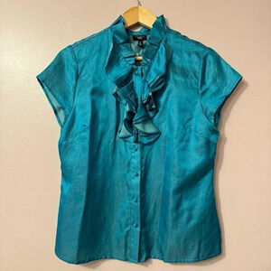 Talbots Turquoise Silk Cotton Ruffle  Bib Top Blouse Womens Size 14P NWT
